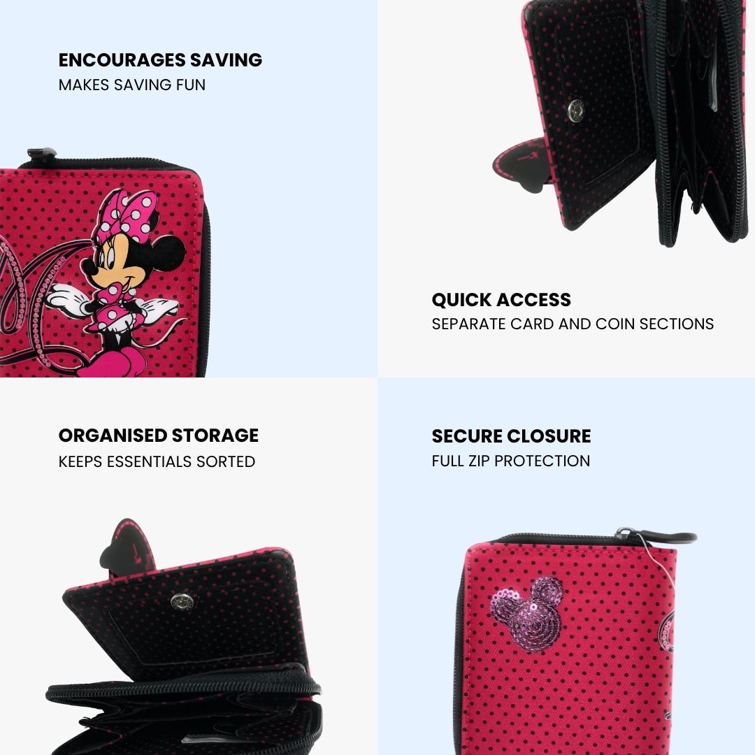 Disney Minnie Mouse Wallet for Girls | Pink Polka Dot Zip Up Coin Purse-Kids Small Purse for Accessories