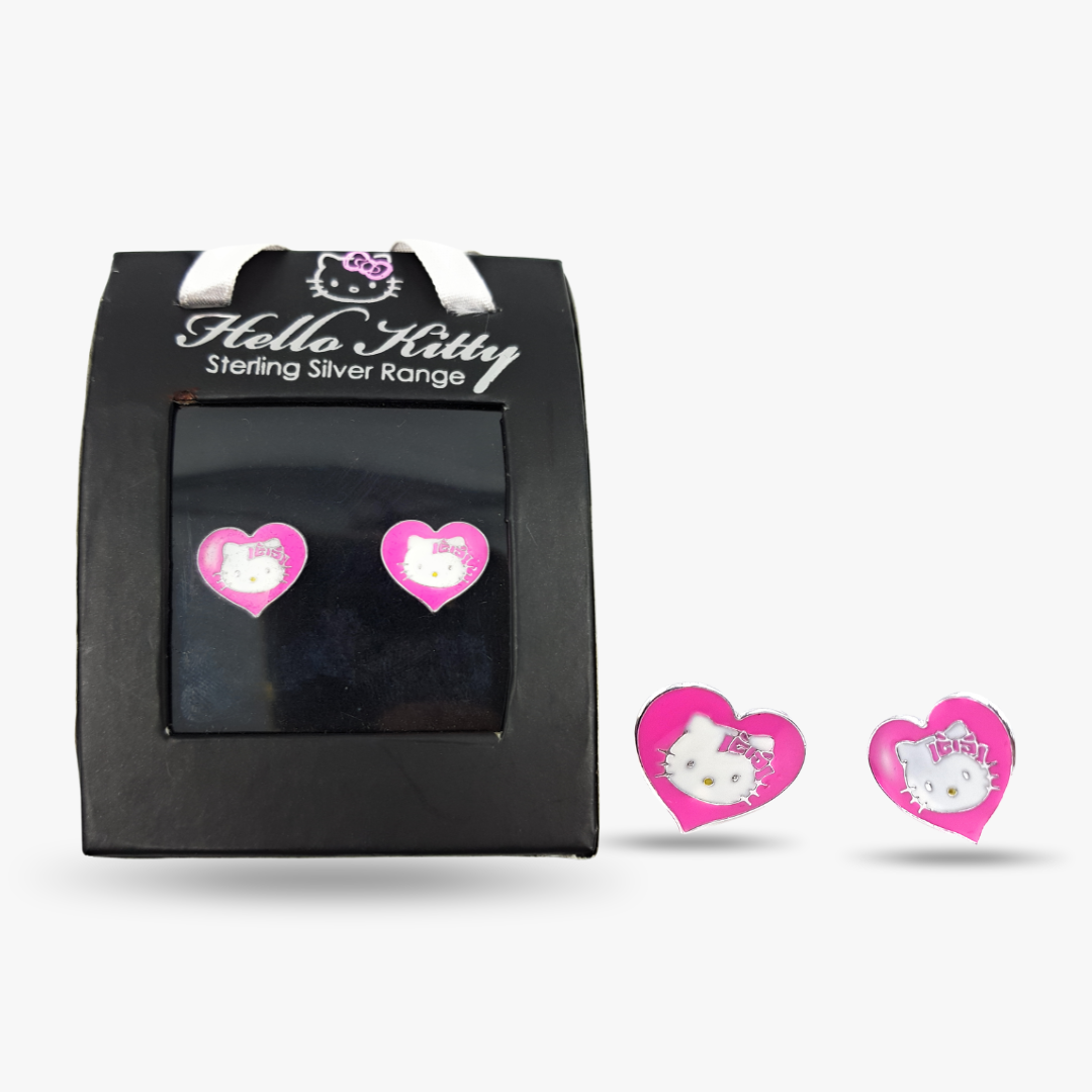 Genuine Hello Kitty 925 Sterling Silver Stud Earrings – Pink Heart Gift Set