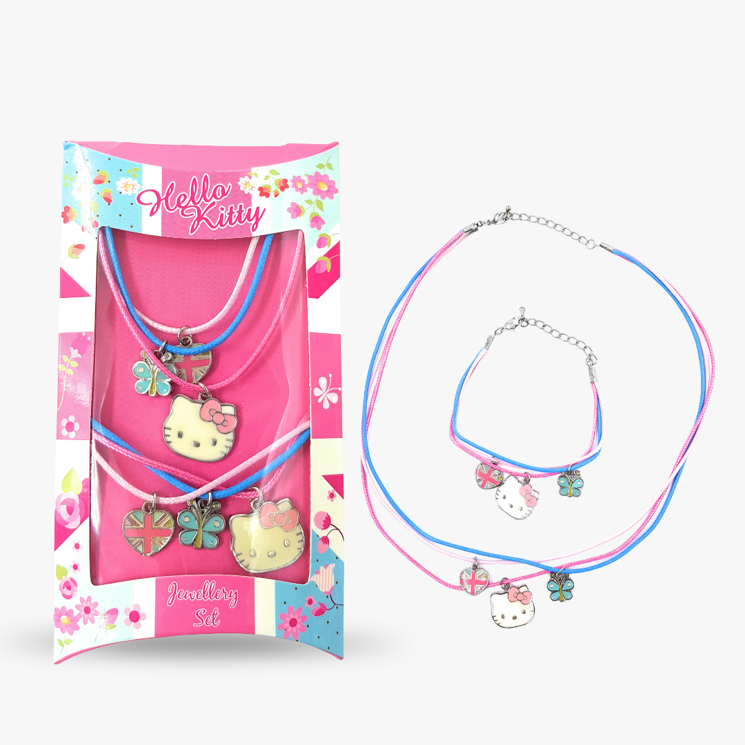 Hello Kitty Blossom Necklace & Bracelet Jewelry Set – Pink & Blue Kids Charm Gift Set