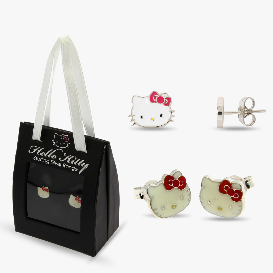Hello Kitty Genuine 925 Sterling Silver Stud Earrings – Gift Set