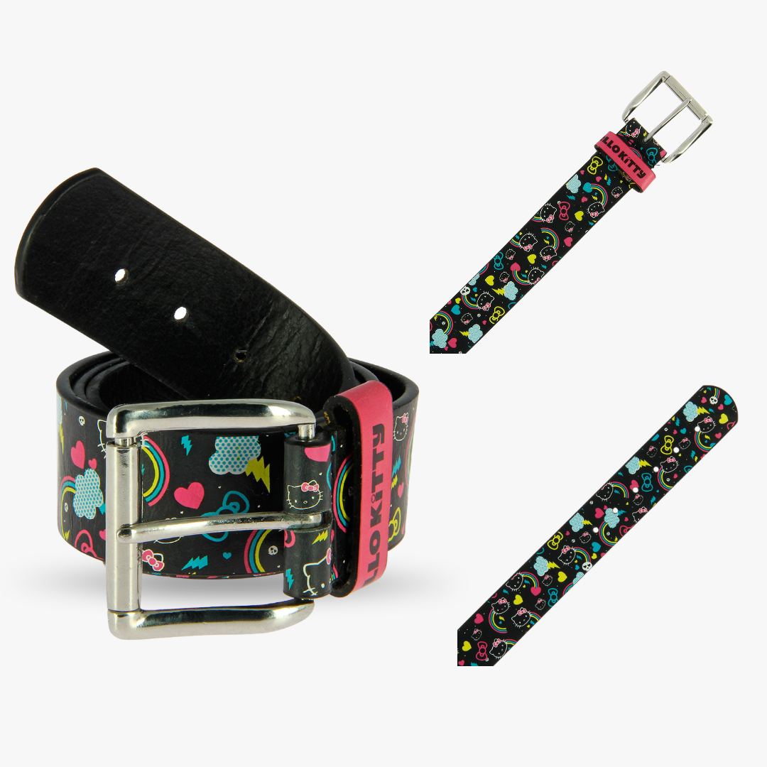Hello Kitty Rainbow Belt for Kids- Adjustable Black Fashion with Metal Buckle, Stylish Waist Belt, Gift Women & Girls