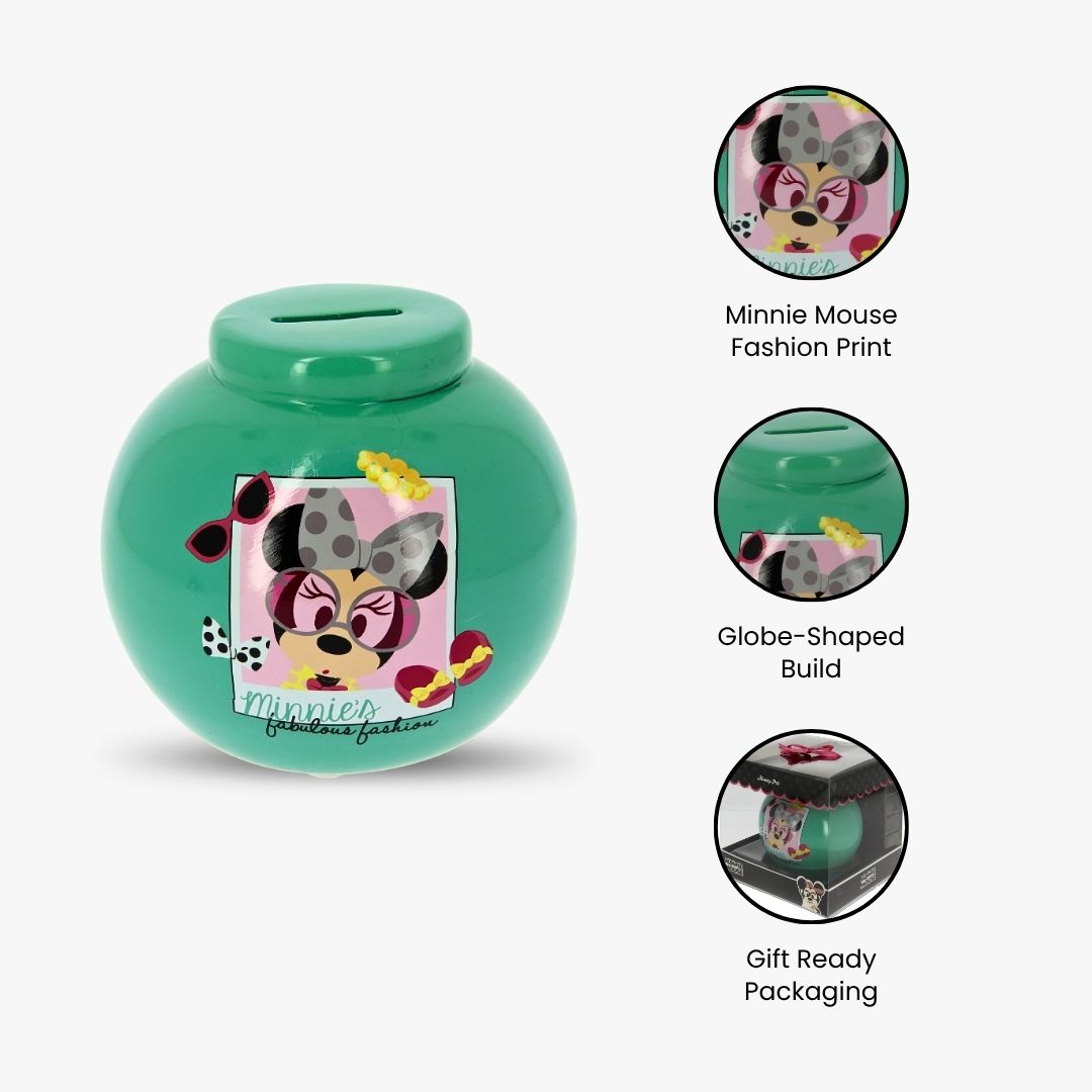 Disney Minnie Mouse Money Box | Green Ceramic Piggy Bank with Coin Slot | Cute Kids Savings Bank Gift