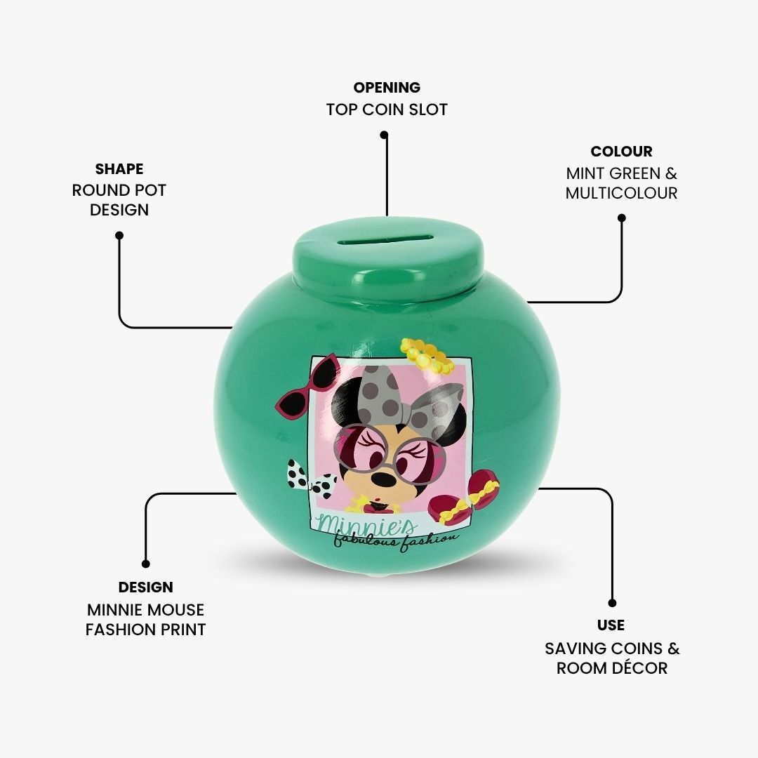 Disney Minnie Mouse Money Box | Green Ceramic Piggy Bank with Coin Slot | Cute Kids Savings Bank Gift