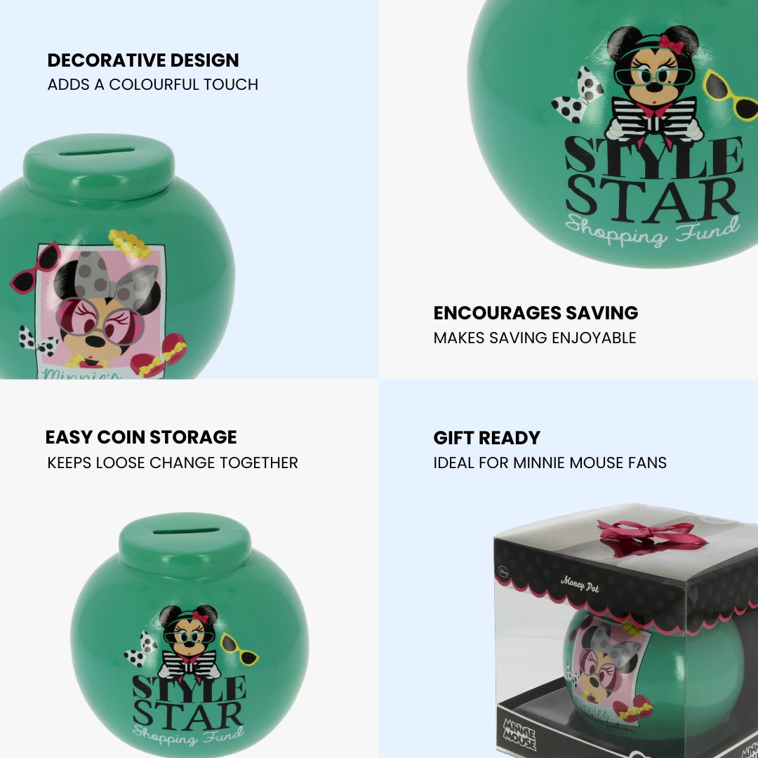 Disney Minnie Mouse Money Box | Green Ceramic Piggy Bank with Coin Slot | Cute Kids Savings Bank Gift
