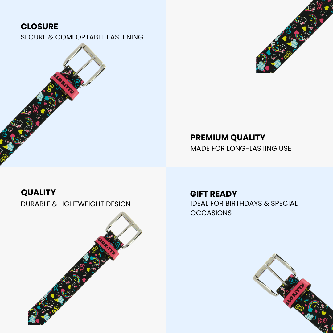 Hello Kitty Rainbow Belt for Kids- Adjustable Black Fashion with Metal Buckle, Stylish Waist Belt, Gift Women & Girls