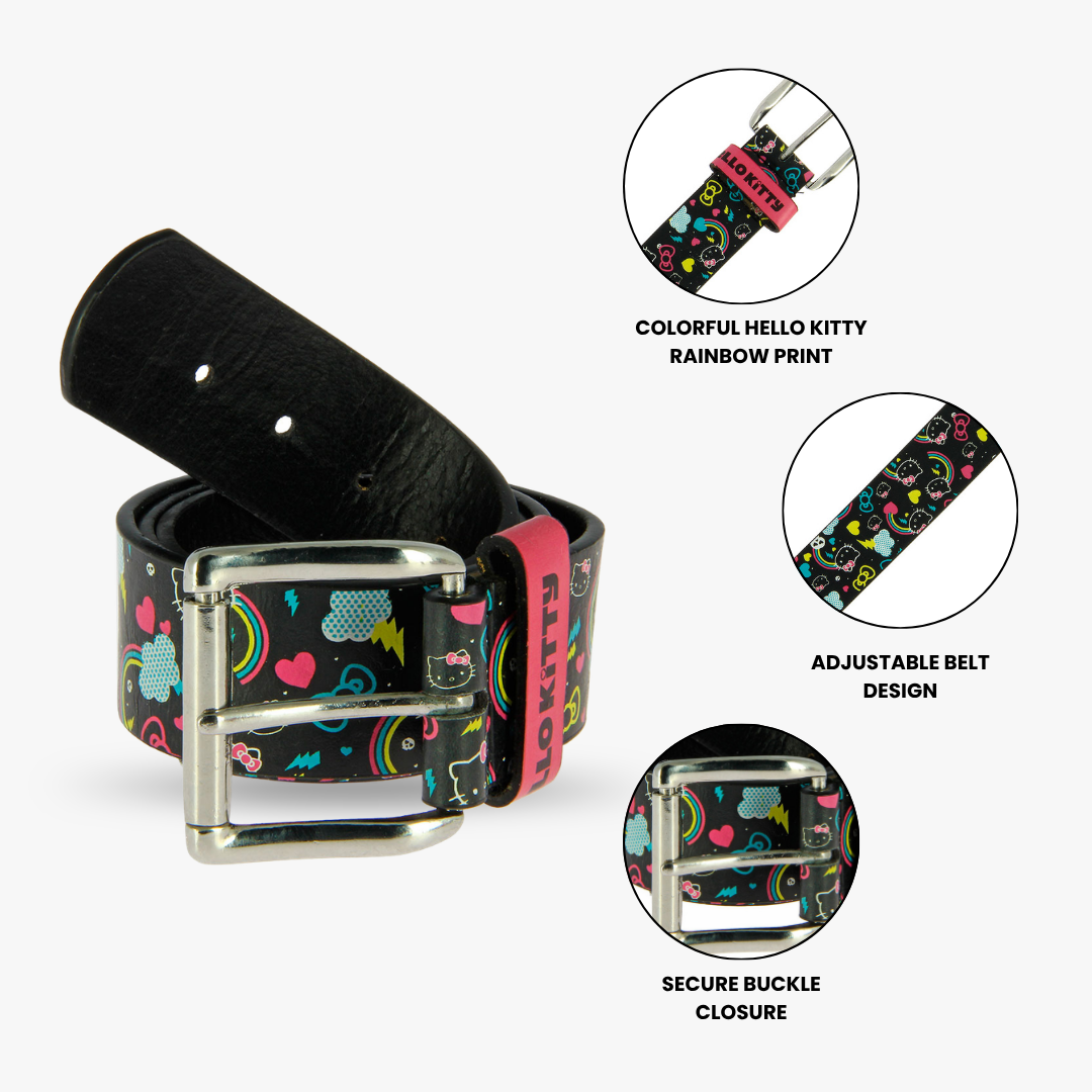 Hello Kitty Rainbow Belt for Kids- Adjustable Black Fashion with Metal Buckle, Stylish Waist Belt, Gift Women & Girls
