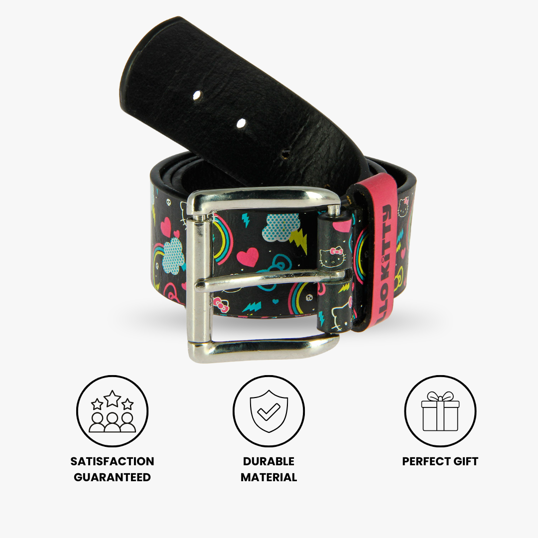 Hello Kitty Rainbow Belt for Kids- Adjustable Black Fashion with Metal Buckle, Stylish Waist Belt, Gift Women & Girls