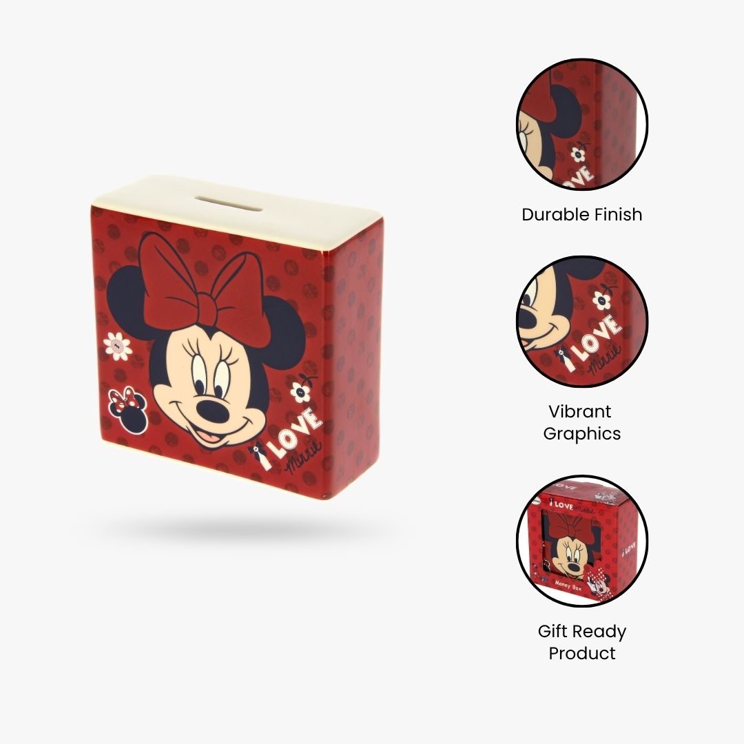 Disney Minnie Mouse Money Box | Red Ceramic Piggy Bank with Coin Slot | Cute Kids Savings Bank Gift