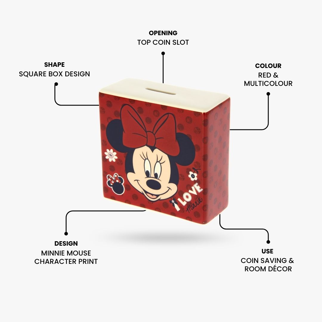 Disney Minnie Mouse Money Box | Red Ceramic Piggy Bank with Coin Slot | Cute Kids Savings Bank Gift