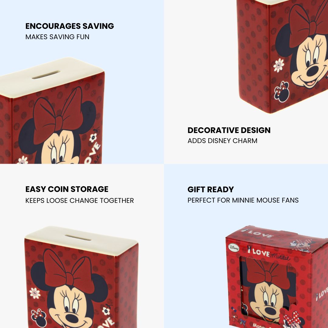 Disney Minnie Mouse Money Box | Red Ceramic Piggy Bank with Coin Slot | Cute Kids Savings Bank Gift